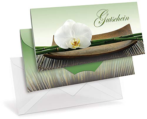 Gutscheinkarten (10 Stück) mit transparenten Briefumschlägen - Geschenkgutscheine für Wellness, Yoga, Thai-Massage - DIN lang Faltkarte verschließbar, blanko Vordruck zum Eintragen der Werte von notizblock24