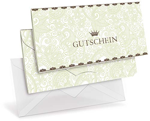 Gutscheinkarten (10 Stück) mit transparenten Briefumschlägen für Ihre Kunden - Geschenkgutscheine für Einzelhandel, Accessoires, Juwelier - DIN lang Faltkarte verschließbar von notizblock24