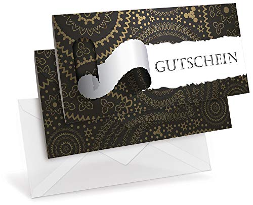 Premium Gutscheinkarten (10 Stück) mit transparenten Briefumschlägen, verschließbare Faltkarte, DIN lang von notizblock24
