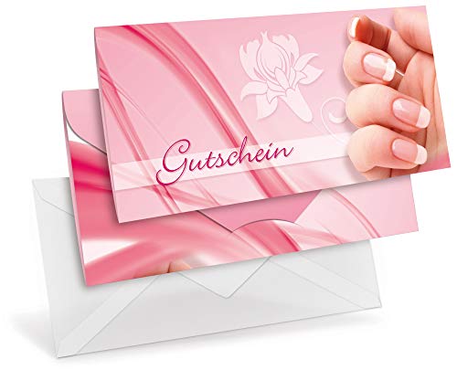 Premium Gutscheinkarten (10 Stück) mit transparenten Briefumschlägen - Geschenkgutscheine für Nageldesign, Nagelstudio, Kosmetik - DIN lang Faltkarte verschließbar von notizblock24