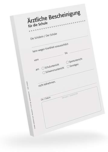 Schulbescheinigung für Ärzte, 5 Blöcke, je 50 Blatt, A6, für Ihren Praxisdrucker oder zur Handbeschriftung von notizblock24