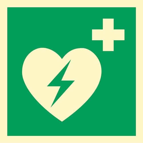 notlok Safety Work - Erste Hilfe Schild - Defibrillator [ 15 x 15 cm ] | Nachleuchtende Kunststoffplatte + Aufkleber für einfache Montage | DIN EN ISO 7010 | Defibrillator, Aed Defibrillator von notlok Safety Work