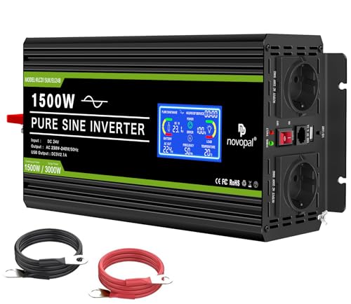 NOVOPAL 1500W Spannungswandler 24v 230v Reiner Sinus mit LCD-Display und USB-Anschluss + 2AC Steckdosen mit 2.1A USB-Ausgang und 5m-Fernbedienung von novopal