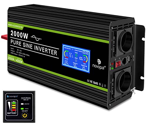 NOVOPAL 2000W Kfz Wechselrichter Spannungswandler 12v 230v Reiner Sinus Umwandler mit LCD-Display- mit 2 EU Steckdose und USB-Port-5 Meter Fernsteuerung von novopal