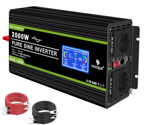 NOVOPAL 2000W Kfz Wechselrichter Spannungswandler 12v 230v Reiner Sinus mit LCD-Display und USB-Anschluss + 2AC Steckdosen mit USB-Ausgang und 5m-Fernbedienung von novopal