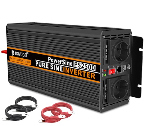 NOVOPAL 2500W Wechselrichter 12V auf 230V Reiner Sinus Spannungswandler mit LiFePO4 Power Inverter mit 5M Fernbedienung und 2.4A USB Anschlüsse für Wohnmobil Auto Camping von novopal