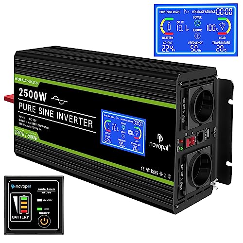 NOVOPAL 2500W Kfz Wechselrichter Spannungswandler 12v 230v Reiner Sinus mit LCD-Display und USB-Anschluss + 2AC Steckdosen mit USB-Ausgang und 5m-Fernbedienung von novopal