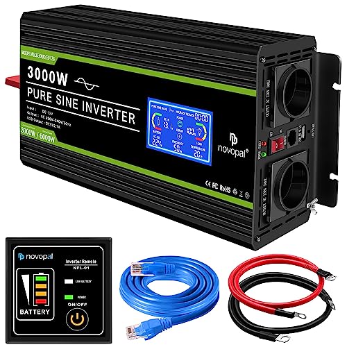 NOVOPAL 3000W Kfz Wechselrichter Spannungswandler 12v 230v Reiner Sinus Umwandler mit LCD-Display- mit 2 EU Steckdose und USB-Port-5 Meter Fernsteuerung von novopal