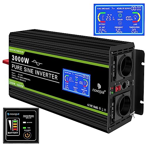 NOVOPAL 3000W Kfz Wechselrichter Spannungswandler 24v 230v Reiner Sinus mit LCD-Display und USB-Anschluss + 2AC Steckdosen mit USB-Ausgang und 5m-Fernbedienung von novopal