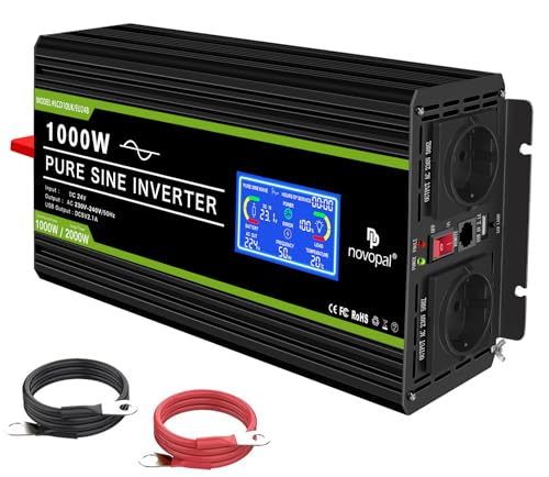 NOVOPAL 1000W Kfz Wechselrichter Spannungswandler 24V 230V Reiner Sinus mit LCD-Display und USB-Anschluss,2AC Steckdosen mit USB-Ausgang und 5m-Fernbedienung von novopal