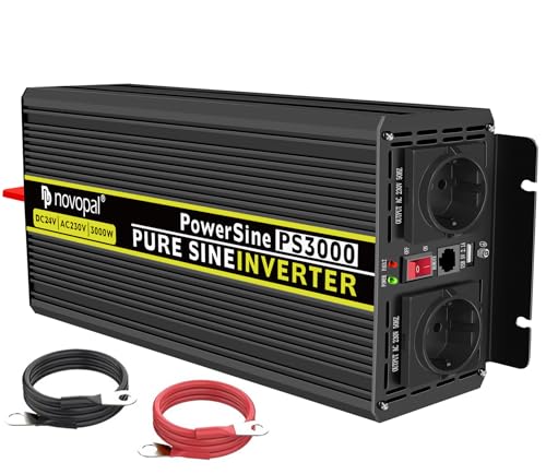 NOVOPAL 3000W Wechselrichter 24v Auf 230v Reiner Sinus Spannungswandler mit 2 EU-Steckdose und Einer 2,1A USB,5M Fernsteuerung und 2 Lüftern von novopal