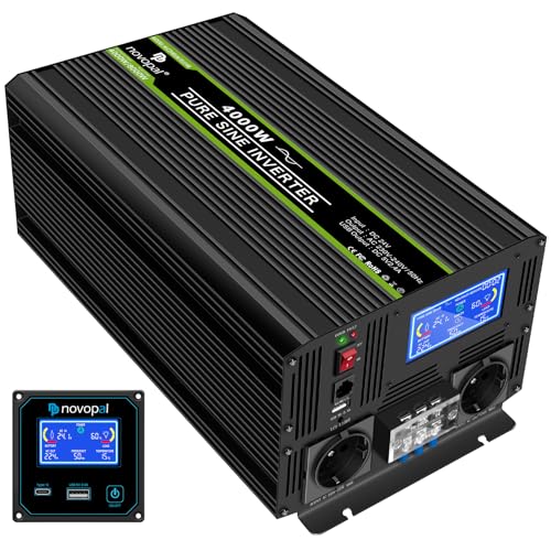 NOVOPAL 4000W KFZ Reiner Sinus Wechselrichter Spannungswandler 24V 230V mit LCD Display und 2 EU Steckdosen mit 2.4A USB Ausgangund 5m Fernbedienung von novopal