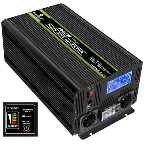 NOVOPAL 4000w Wechselrichter 12v auf 230v Reiner Sinus Spannungswandler mit LCD Display und 2 EU Steckdosen mit 2.4A USB Ausgangund 5m Fernbedienung von novopal