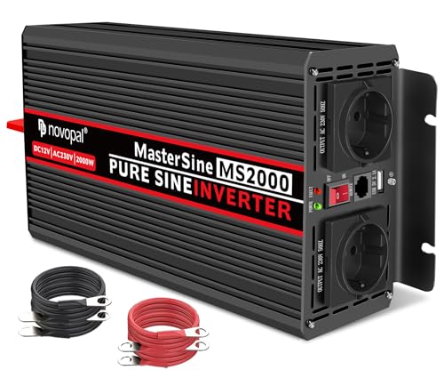 NOVOPAL 2000W Wechselrichter 12V auf 230V Reiner Sinus Spannungswandler mit LiFePO4 Power Inverter mit 5M Fernbedienung und 2.4A USB Anschlüsse für Wohnmobil Auto Camping von novopal
