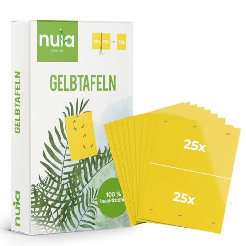 NUIA® Premium Gelbtafel-Set: 25x2 (50) Gelbsticker gegen Trauermücken - effektive Klebefalle für Zimmerpflanzen - Obstfliegenfalle - Gelbfalle gegen Fliegen in Blumenerde von nuia