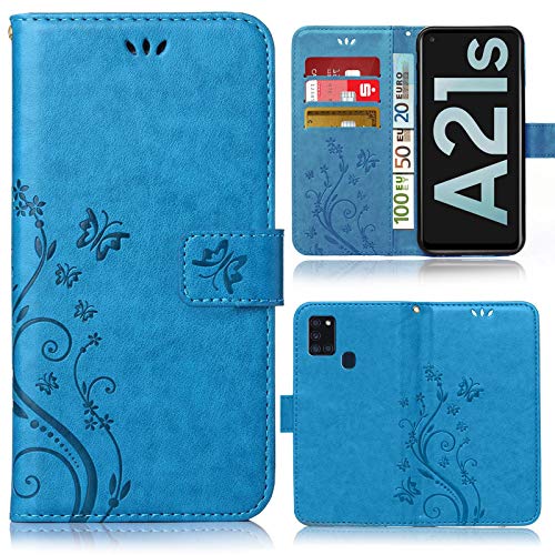 numerva Hülle kompatibel mit Samsung Galaxy A21s Handyhülle Tasche mit Kartenfach Blumenmuster Blau von numerva