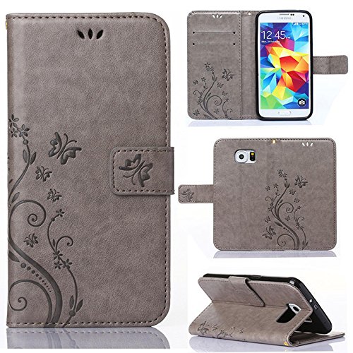 numerva Hülle kompatibel mit Samsung Galaxy S5 Handyhülle Tasche mit Kartenfach Blumenmuster Grau von numerva