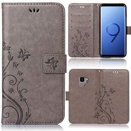 numerva Hülle kompatibel mit Samsung Galaxy S9 Handyhülle Tasche mit Kartenfach Blumenmuster Grau von numerva