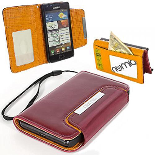 numia Samsung Galaxy S2 Hülle, Handyhülle Handy Schutzhülle [Book-Style Handytasche mit Standfunktion und Kartenfach] Pu Leder Tasche für Samsung Galaxy S2 i9100 Case Cover [Dunkelrot-Orange] von numia