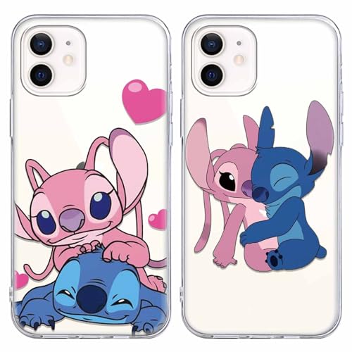 nurkorki [2 Stück Transparent Handyhülle für iPhone 12/12 Pro Hülle 6,1 Zoll, Weiche TPU Silikon Kawaii Anime Stitch Muster Case,Matt Stoßfeste Kratzfest Schutzhülle Kompatibel mit iPhone 12 von nurkorki