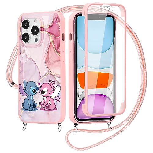 nurkorki Handykette Handyhülle für Samsung Galaxy A34 5G 6,6" Hülle mit Band, Stitch Hülle mit Kordel zum Umhängen 360 Grad Fullbody Schutzhülle mit Displayschutz Case per Galaxy A34 5G, Rosa1 von nurkorki