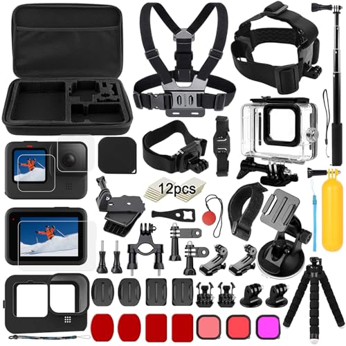 Zubehörset Kit Bundle für GoPro Hero 12/11/10/9 Schwarz, oGoDeal wasserdichte Schutzhülle Wasserdichtes Gehäuse Schnorchelzubehör Fahrradhalterung Selfie Bar Kopfband für GoPro Hero 9 10 11 12 von oGoDeal