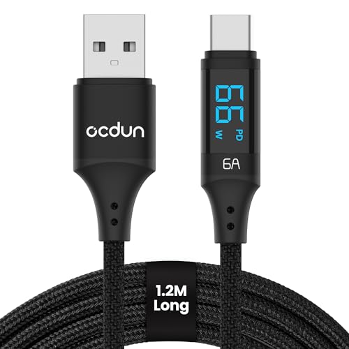 ocdun USB C Kabel 6A Typ C Schnellladekabel mit LED Display | USB A auf C High Speed Kabel | Nylon Geflochten USB Typ C auf USB A Schnellladekabel (Schwarz) von ocdun