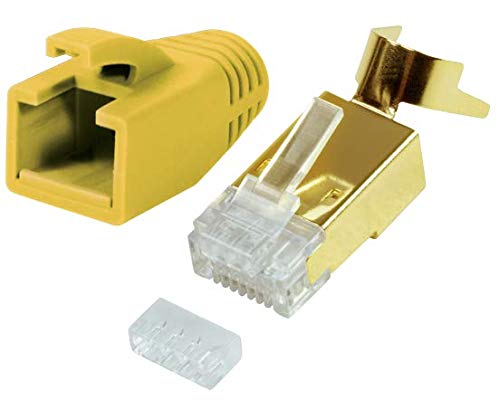 odedo 10x RJ45 Stecker CAT7, CAT6A, CAT8.1 Netzwerkstecker für Installationskabel, Verlegekabel 10GBit AWG 22-24 PoE LAN Crimp Stecker Metall mit Einfädelhilfe und Knickschutz Gold, Gelb von odedo