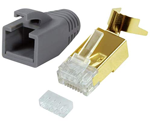 odedo 10x RJ45 Stecker CAT7, CAT6A, CAT8.1 Netzwerkstecker für Installationskabel, Verlegekabel 10GBit AWG 22-24 PoE LAN Crimp Stecker Metall mit Einfädelhilfe und Knickschutz Gold, Grau von odedo