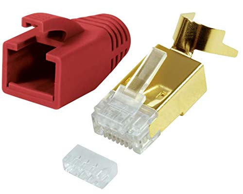 odedo 10x RJ45 Stecker CAT7, CAT6A, CAT8.1 Netzwerkstecker für Installationskabel, Verlegekabel 10GBit AWG 22-24 PoE LAN Crimp Stecker Metall mit Einfädelhilfe und Knickschutz Gold, Rot von odedo