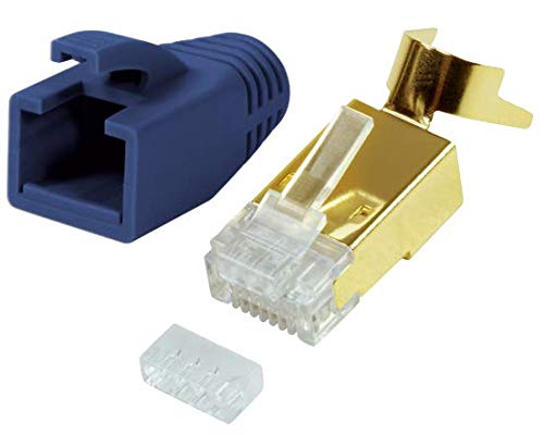 odedo 10x RJ45 Stecker CAT7, CAT6A, CAT8.1 Netzwerkstecker für Installationskabel, Verlegekabel 10GBit AWG 22-24 PoE LAN Crimp Stecker Metall mit Einfädelhilfe und Knickschutz Gold Blau von odedo