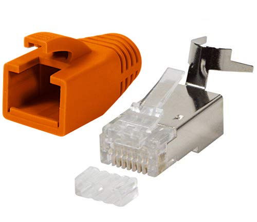 odedo 10x RJ45 Stecker CAT7, CAT6A, CAT8.1 Netzwerkstecker für Installationskabel, Verlegekabel 10GBit AWG 22-24 PoE LAN Crimp Stecker Metall mit Einfädelhilfe und Knickschutz Orange von odedo