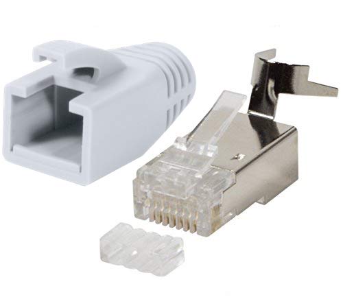 odedo 10x RJ45 Stecker CAT7, CAT6A, CAT8.1 Netzwerkstecker für Installationskabel, Verlegekabel 10GBit AWG 22-24 PoE LAN Crimp Stecker Metall mit Einfädelhilfe und Knickschutz Weiß von odedo