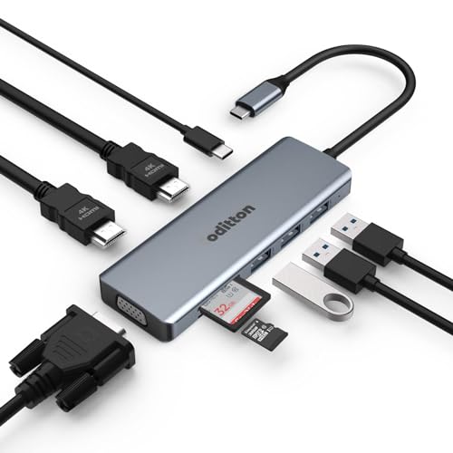 9 in 1 USB C Hub, oditton USB C Adapter Multiport Docking Station Kompatibel für USB C Laptops und Andere Typ C Geräte (4K HDMI * 2, USB A 3.0 * 3, VGA, 100W PD, SD/TF) von oditton