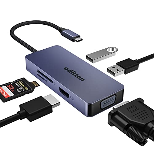 Hub USB C, oditton 6 in 1 USB C Hub mit 4K HDMI Output, VGA, SD/TF Card Reader, 2 USB 2.0, Adapter USB C für MacBook Pro/Air iPad Pro Dell Huawei Surface Pro 8/7 und Andere Type C Gerät von oditton