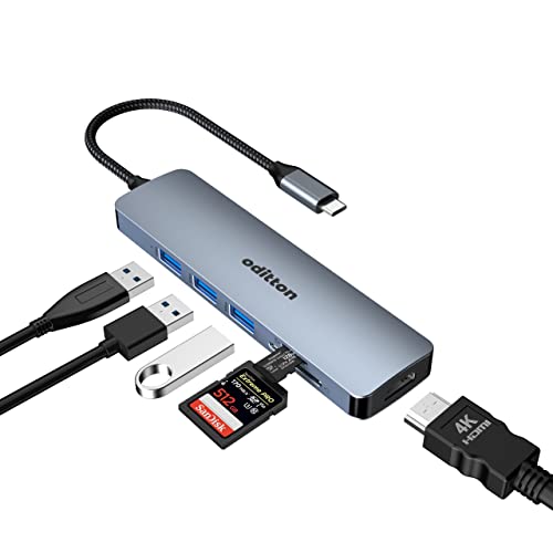 USB C HUB, oditton 6-in-1 Dockingstation USB C Adapter mit 4K HDMI Ausgang, USB 3.0 bis zu 5Gpbs, SD und TF Kartensteckplatz, Kompatibel für Laptops und Andere Typ C Geräte von oditton