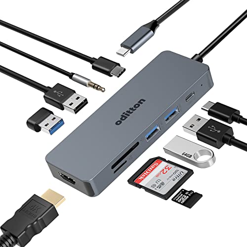 USB C Hub, oditton 10 in 1 USB C Adapter mit 4K HDMI, 4 USB Anschlüssen zum Flash Drive, USB C 3.0, SD/TF Kartensteckplatz, 3.5mm Audio, USB C Ladeanschluss zum MacBook und mehr Typ-C Geräte von oditton