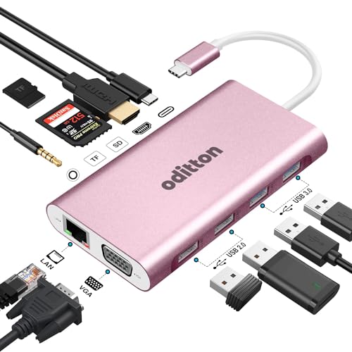 USB C Hub, oditton 11 in 1 USB C Docking Station with 4K HDMI, 4 USB A, VGA, 100W PD, Ethernet, SD/TF, 3.5MM Audio, USB C Adapter for Mac Pro/Air, Surface Pro and More Type C Devices von oditton