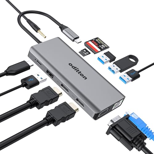 USB C Hub, oditton 12 in 1 USB C Hub Adapter with 4K HDMI * 2, 2 * USB 2.0, 2 * USB 3.0, Gigabit Ethernet Port, SD/TF Card Reader, 100W PD, VGA, 3.5mm Audio Jack USB C Dock Compatible with Laptop von oditton