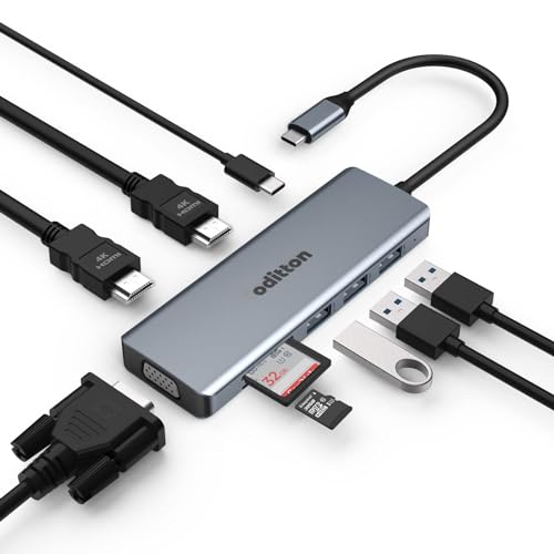 USB C Hub, oditton 9 in 1 USB C Adapter Multiport Docking Station Kompatibel für USB C Laptops und Andere Typ C Geräte (2 * 4K HDMI, SD/TF, VGA, 3* USB A 3.0, 100W PD) von oditton