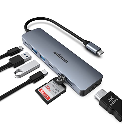 USB C Hub, oditton USB C Docking Station 7 in 1 USB Hub Multiport Adapter HDMI, 100W PD, 2 USB 3.0, USB C 3.0, SD/TF Dock für Typ C Laptop von oditton