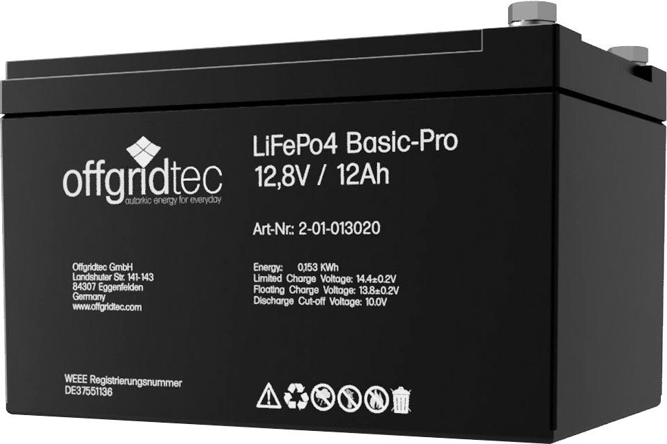 offgridtec LiFePo4 Basic-Pro 12,8V/12Ah/128Wh Akku 154 mAh (12 V), Lithium-Eisenphosphat-Batterie von offgridtec