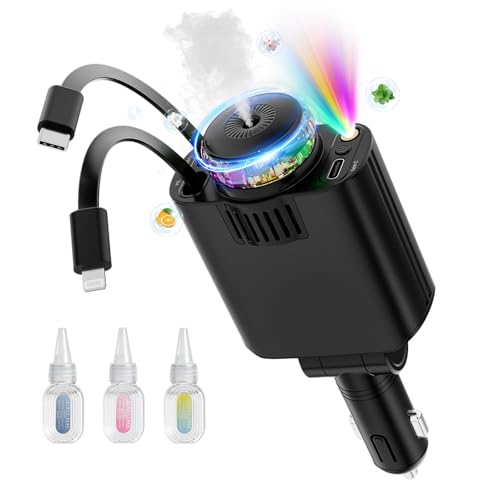 Ofottofo Zigarettenanzünder USB C mit Ambientelicht und Aromafunktion, 5 in 1 Einziehbares Auto Ladegerät Adapter 66W Handy Schnelles Autoladegerät Kompatibel mit iPhone 16 15 14 13 Android, Schwarz von ofottofo