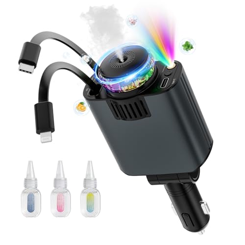 Ofottofo Zigarettenanzünder USB C mit Ambientelicht und Aromafunktion, 5 in 1 Einziehbares Auto Ladegerät Adapter 66W Handy Schnelles Autoladegerät Kompatibel mit iPhone 16 15 14 Pro Max Android, Grau von ofottofo