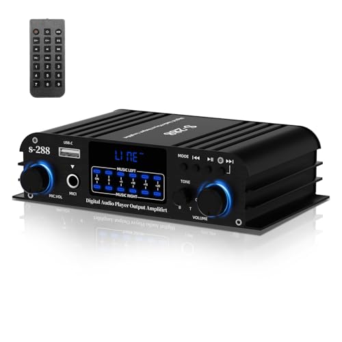 4-Kanal Verstärker, 1200W Mini HiFi Stereo Verstärker, Bluetooth 5.0 für Heimlautsprecher 35W x 4 von 110-240V bis DC 12V mit USB/Mikrofon/FM mit Fernbedienung von okanemoqi