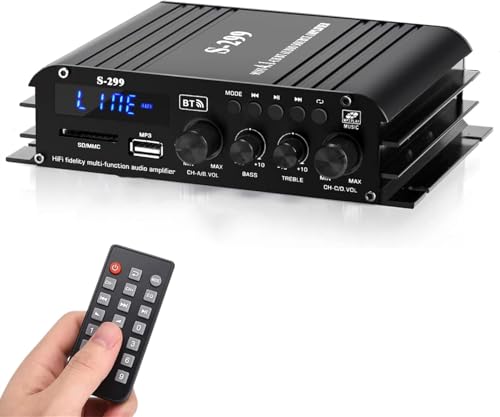 4.1-Kanal Verstärker, 1600W Mini hifi Verstärker, Bluetooth 5.0 für Heimlautsprecher 40W x 4 + Active Subwoofer von 110-240V bis 12V mit USB TF Steckplatz MP3 Player mit Fernbedienung von okanemoqi