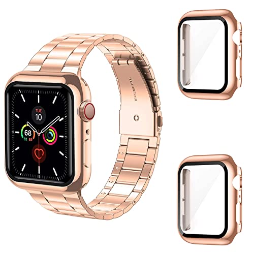omee Kompatibel mit Apple Watch Armband 38 mm/40 mm/42 mm/44 mm mit 2 Gehäusen, Edelstahl-Metallbänder, Business-Ersatzarmband für iWatch-Serie 6/5/4/3/2/1/SE (41mm, rose gold) von omee