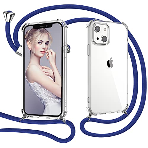 omitium Handykette kompatibel mit iPhone 13 6,1 Zoll, Transparent Hülle mit Band iPhone 13 Stoßfest Silikon Schutzhülle Durchsichtige Handyhülle Halskette Cover mit Kordel zum Umhängen Case, Blau von omitium