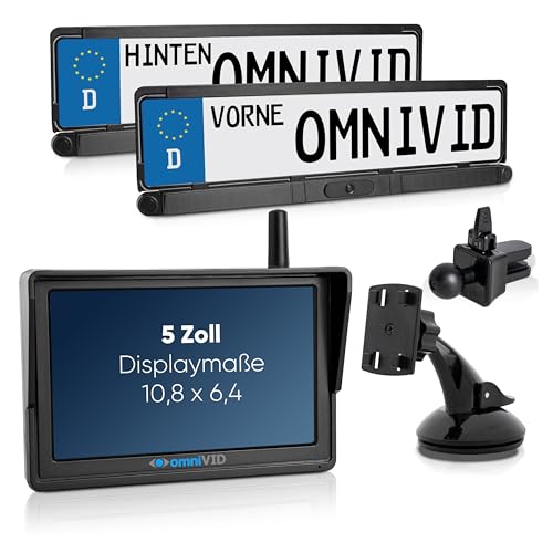 omniVID® Solar 6-Duo für vorn und hinten mit 2 Kameras, Premium Solar Rückfahrkamera-System mit Parksensoren, Kabellos mit 5 Zoll Monitor, zum Nachrüsten, Montage ohne Bohren. IP67 wasserdicht von omniVID