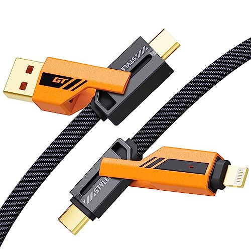 opodot USB-C-auf-Lightning-Kabel [60 W, schnelles Laden und Datensynchronisation], Nylon-geflochtenes iPhone-iPad-Ladekabel, Multi-Ladekabel, 4-in-1 mit Lightning/USB-C/USB-A-Anschlüssen, Orange, 1,5 von opodot